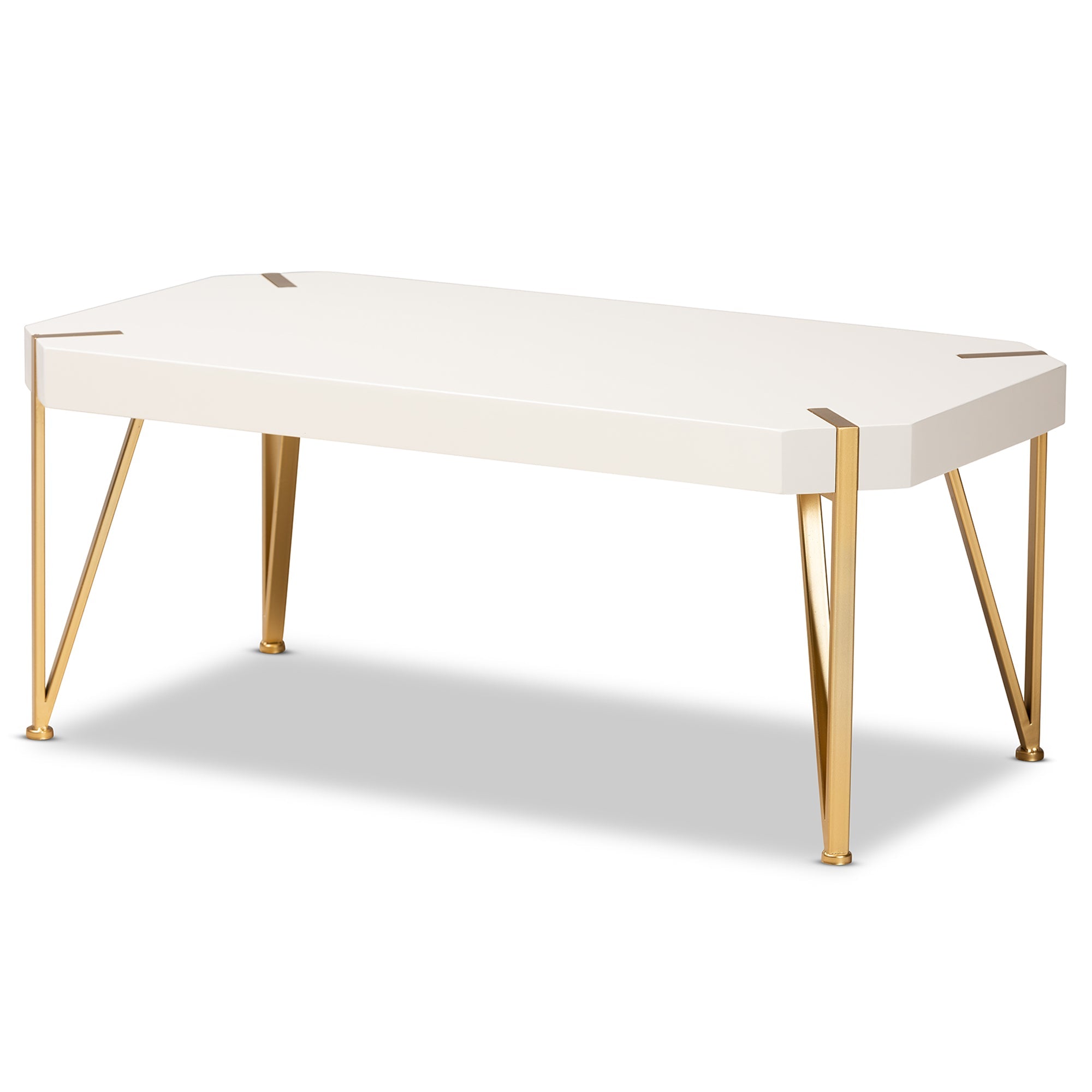 Kassa Contemporary and Brushed Gold Metal and White Finished Wood Coffee Table