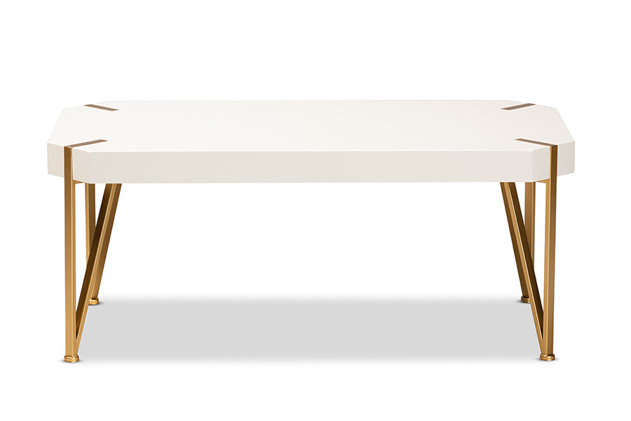 Kassa Contemporary and Brushed Gold Metal and White Finished Wood Coffee Table