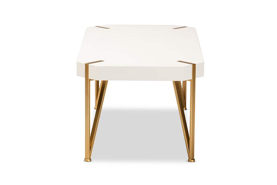 Kassa Contemporary and Brushed Gold Metal and White Finished Wood Coffee Table