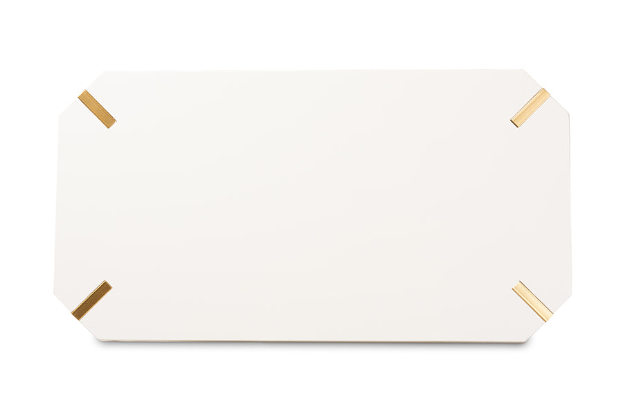 Kassa Contemporary and Brushed Gold Metal and White Finished Wood Coffee Table