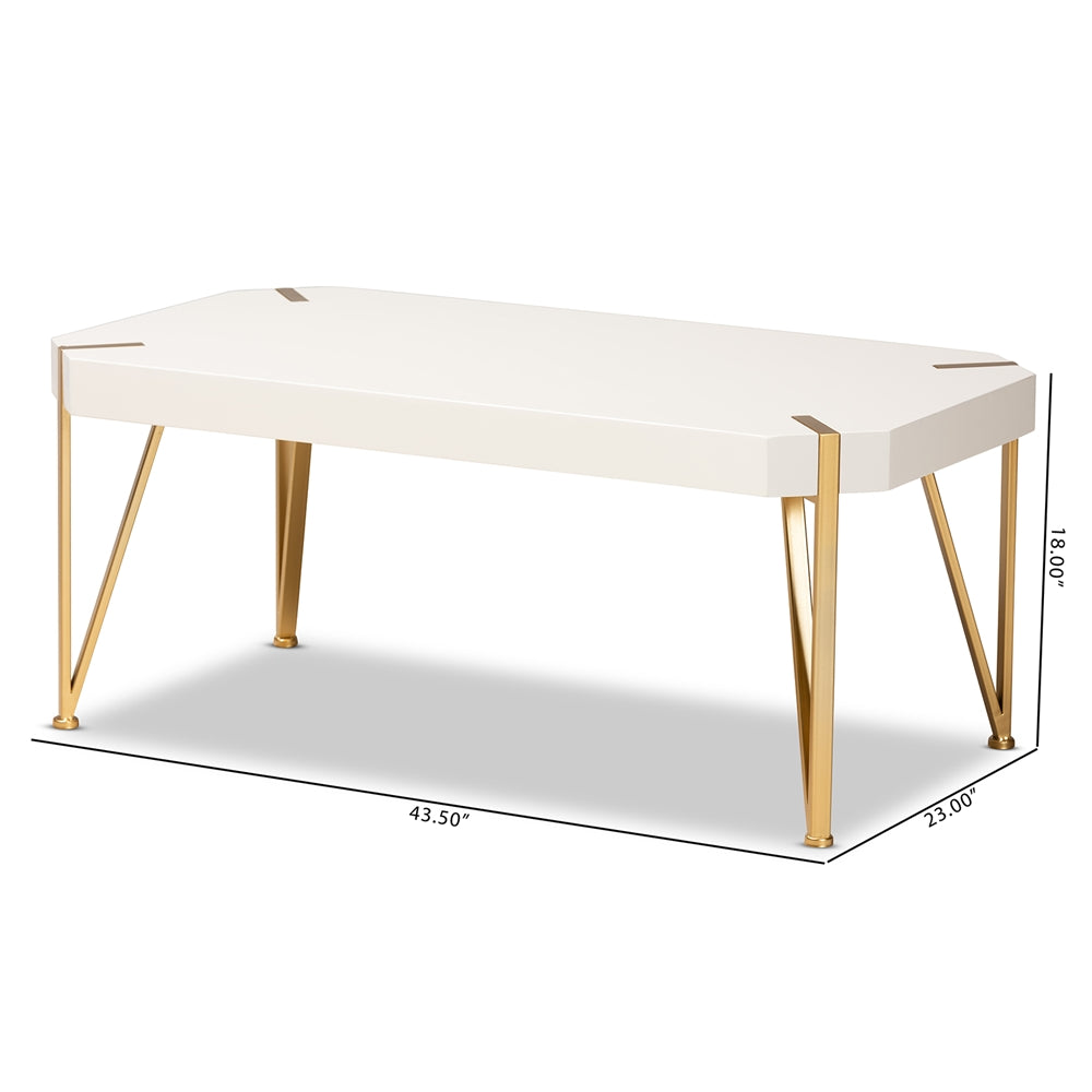 Kassa Contemporary and Brushed Gold Metal and White Finished Wood Coffee Table