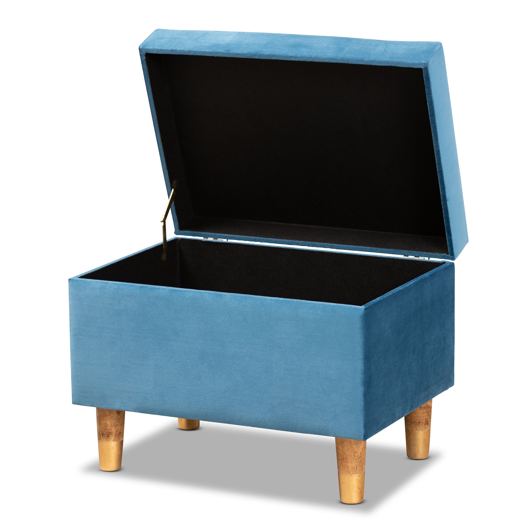 Elias Modern and Contemporary Sky Blue Velvet Fabric Upholstered and Oak Brown Finished Wood Storage Ottoman
