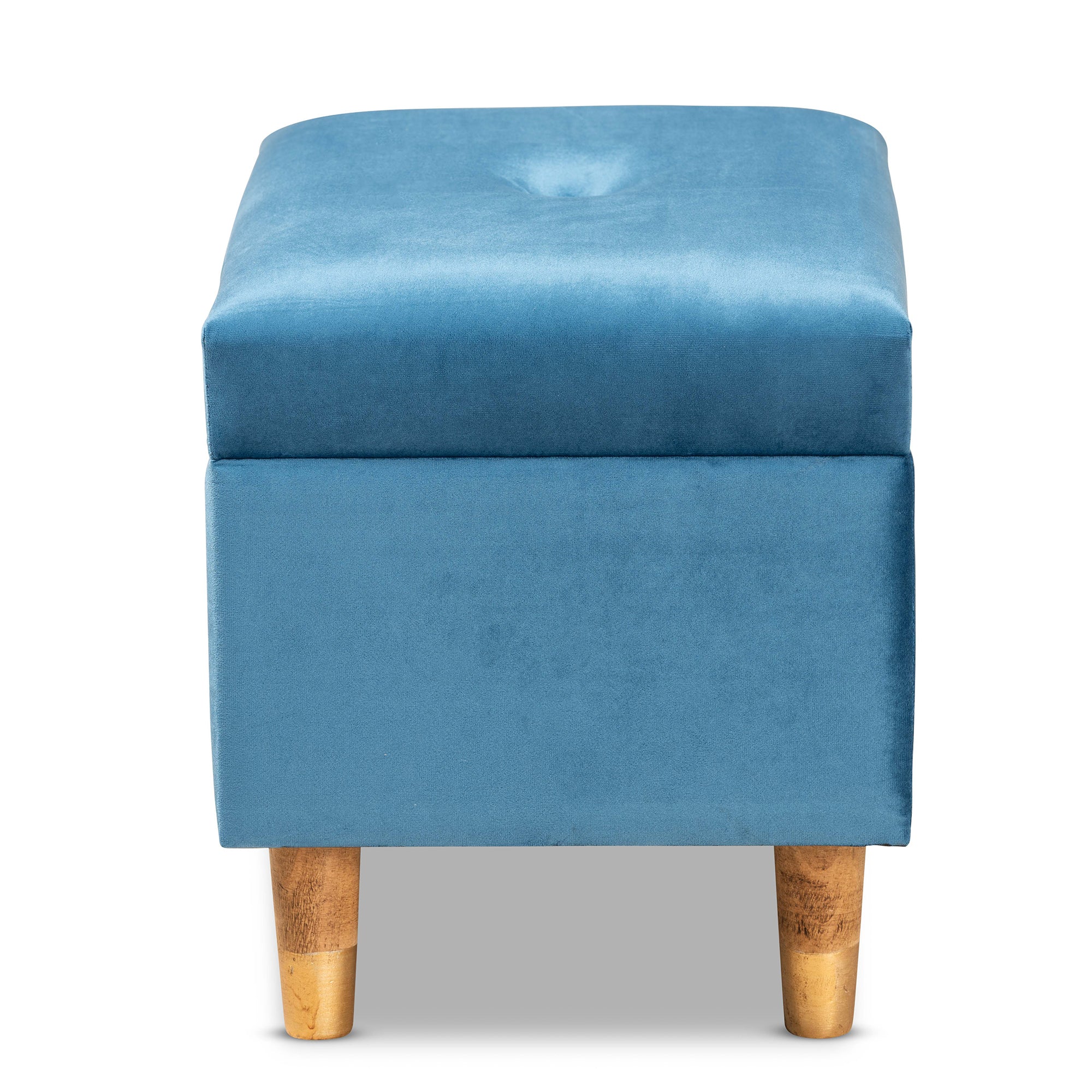Elias Modern and Contemporary Sky Blue Velvet Fabric Upholstered and Oak Brown Finished Wood Storage Ottoman