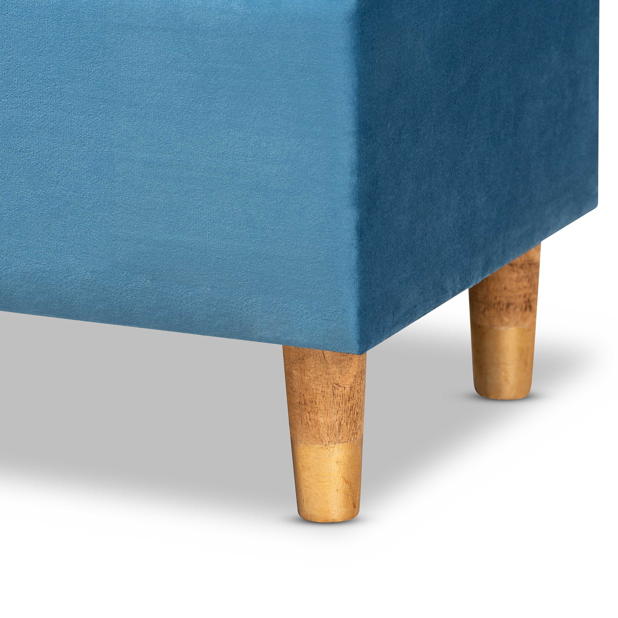 Elias Modern and Contemporary Sky Blue Velvet Fabric Upholstered and Oak Brown Finished Wood Storage Ottoman