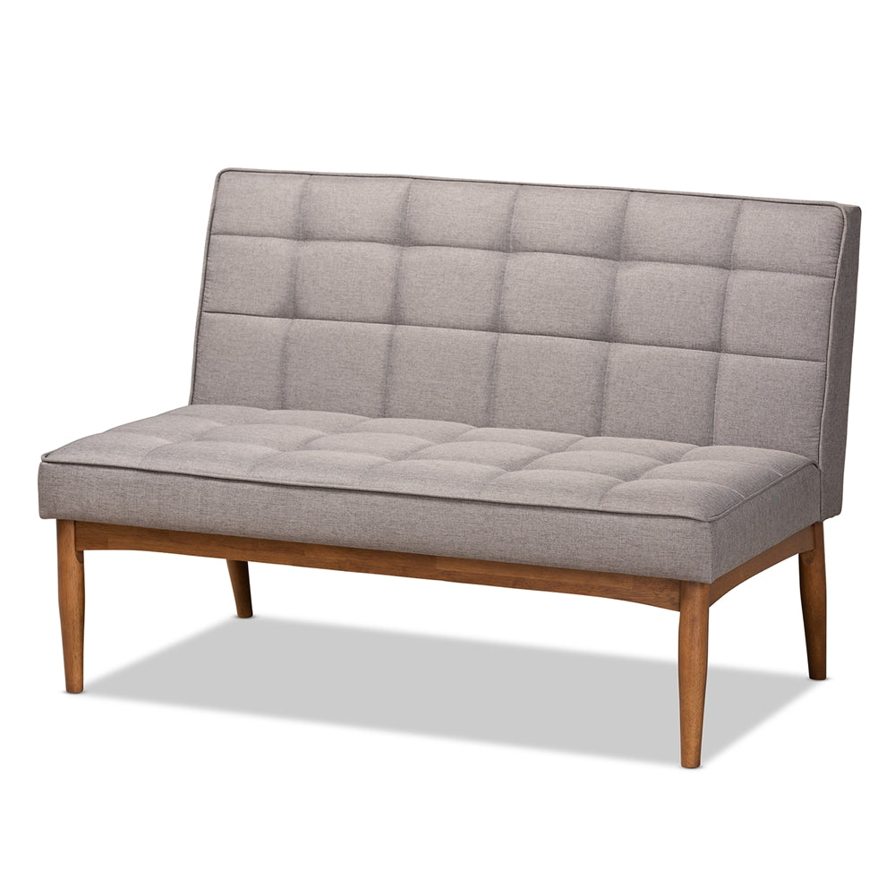 Sanford Mid-Century Modern Grey Fabric Upholstered and Walnut Brown Finished Wood 2-Piece Dining Nook Banquette Set
