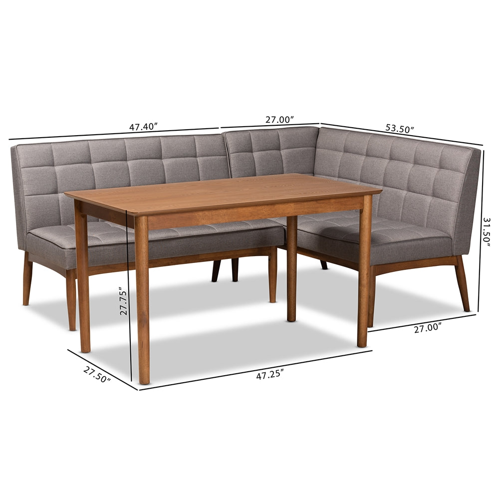 Sanford Mid-Century Modern Grey Fabric Upholstered and Walnut Brown Finished Wood 3-Piece Dining Nook Set
