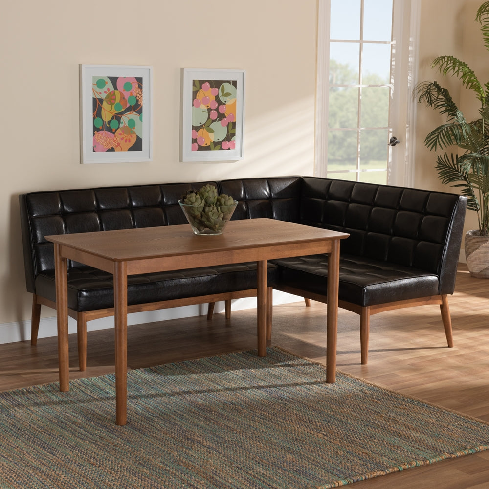 Sanford Mid-Century Modern Dark Brown Faux Leather Upholstered and Walnut Brown Finished Wood 3-Piece Dining Nook Set