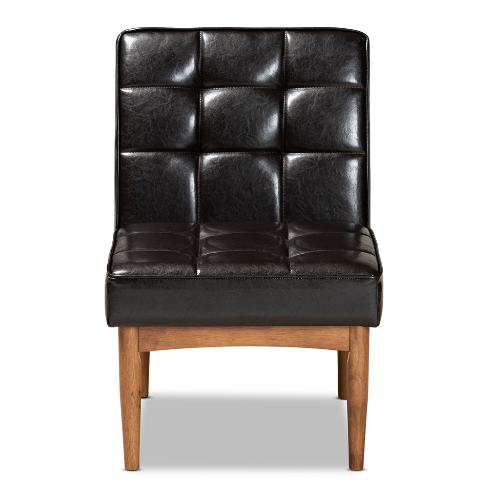 Sanford Mid-Century Modern Dark Brown Faux Leather Upholstered and Walnut Brown Finished Wood Dining Chair