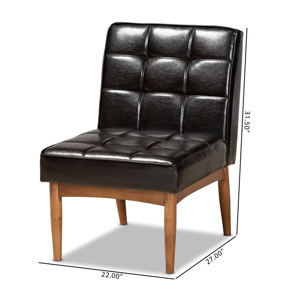 Sanford Mid-Century Modern Dark Brown Faux Leather Upholstered and Walnut Brown Finished Wood Dining Chair