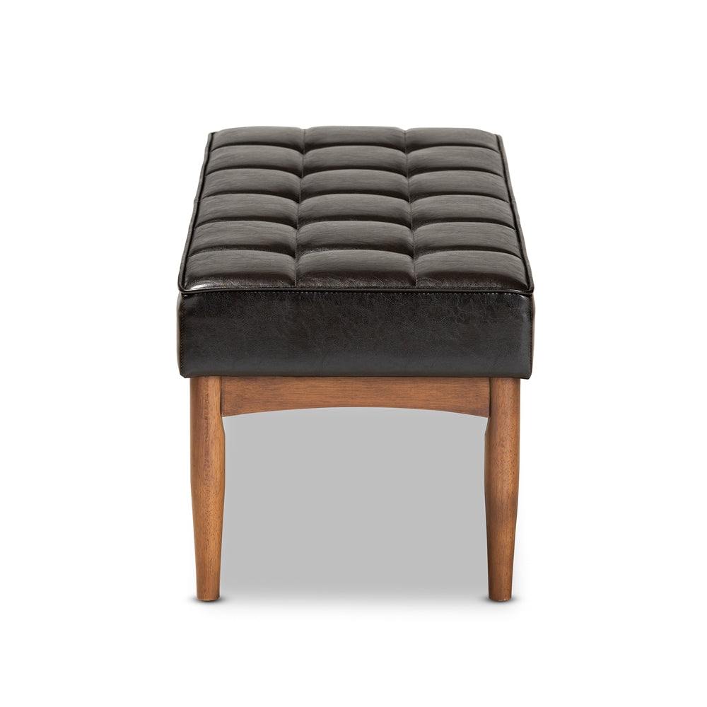 Sanford Mid-Century Modern Dark Brown Faux Leather Upholstered and Walnut Brown Finished Wood Dining Bench