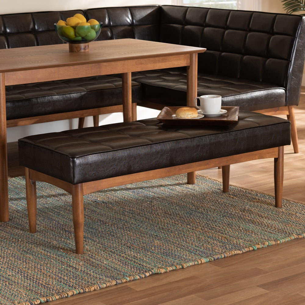 Sanford Mid-Century Modern Dark Brown Faux Leather Upholstered and Walnut Brown Finished Wood Dining Bench