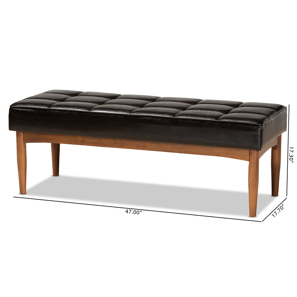 Sanford Mid-Century Modern Dark Brown Faux Leather Upholstered and Walnut Brown Finished Wood Dining Bench