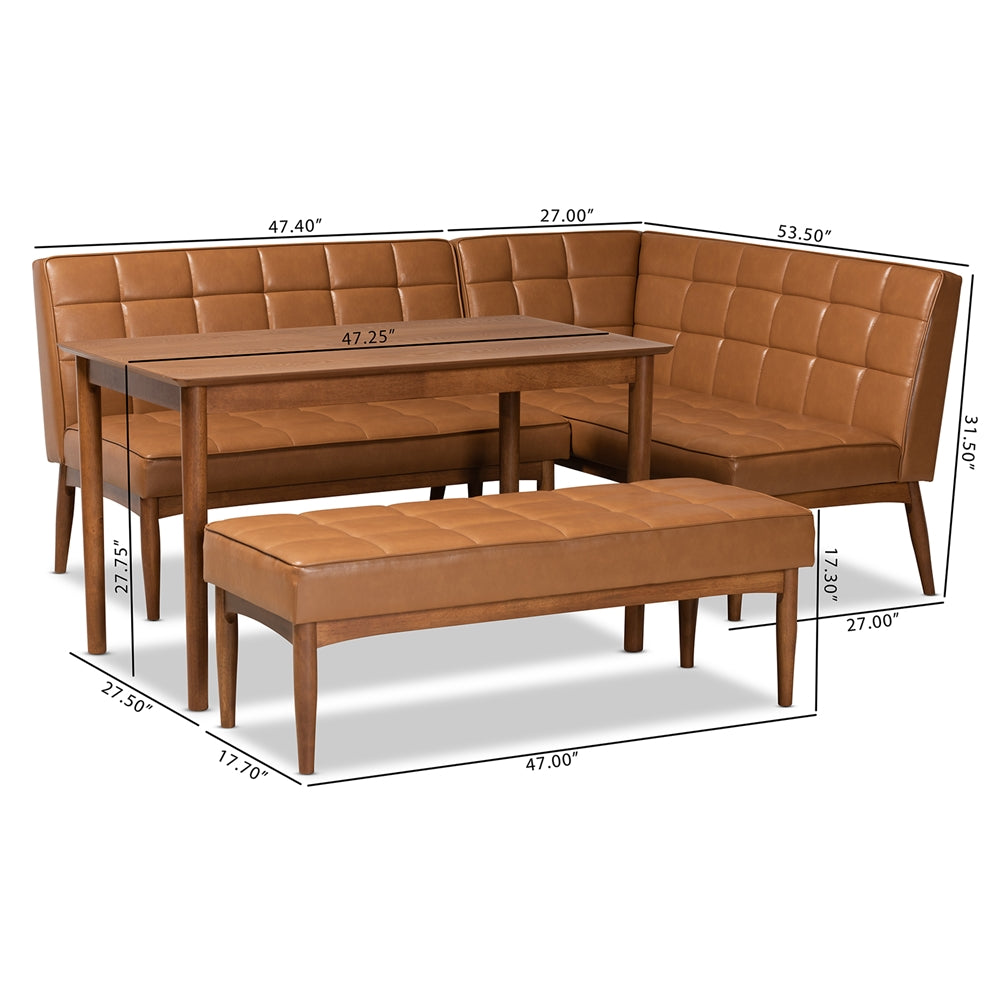 Sanford Mid-Century Modern Tan Faux Leather Upholstered and Walnut Brown Finished Wood 4-Piece Dining Nook Set