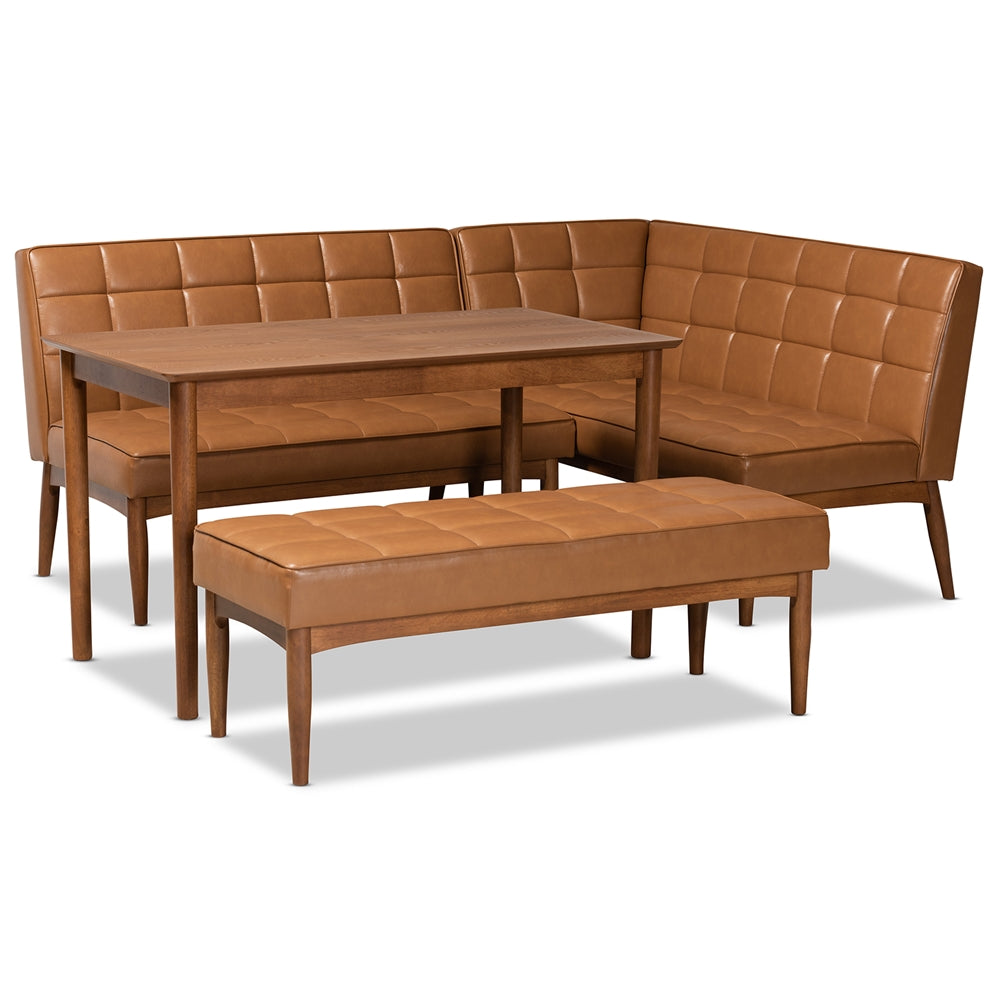 Sanford Mid-Century Modern Tan Faux Leather Upholstered and Walnut Brown Finished Wood 4-Piece Dining Nook Set
