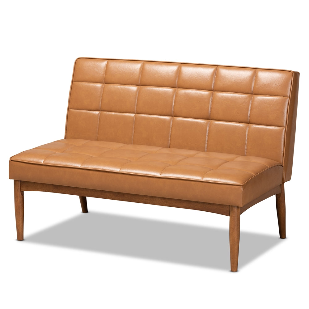 Sanford Mid-Century Modern Tan Faux Leather Upholstered and Walnut Brown Finished Wood 2-Piece Dining Nook Banquette Set