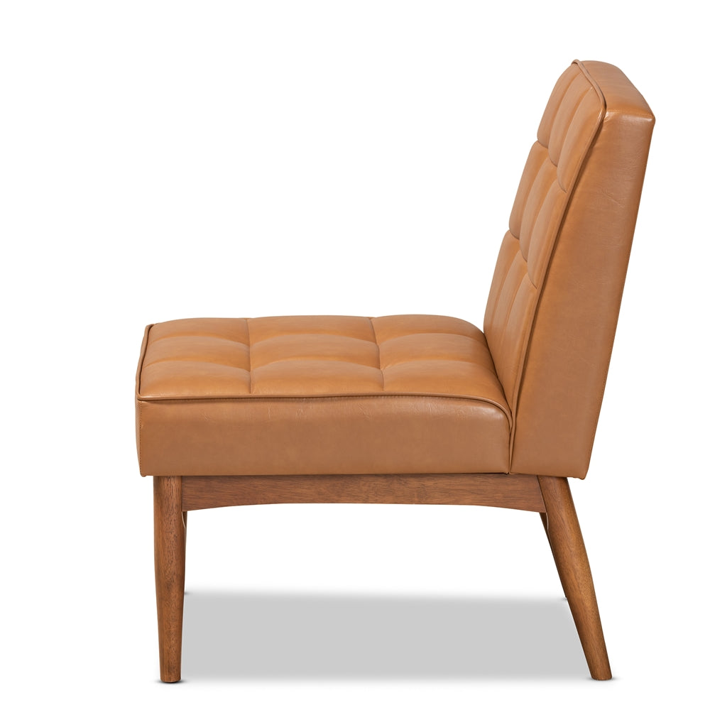 Sanford Mid-Century Modern Tan Faux Leather Upholstered and Walnut Brown Finished Wood Dining Chair