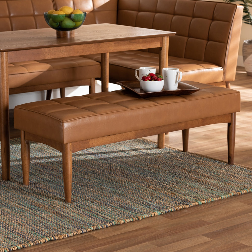 Sanford Mid-Century Modern Tan Faux Leather Upholstered and Walnut Brown Finished Wood Dining Bench