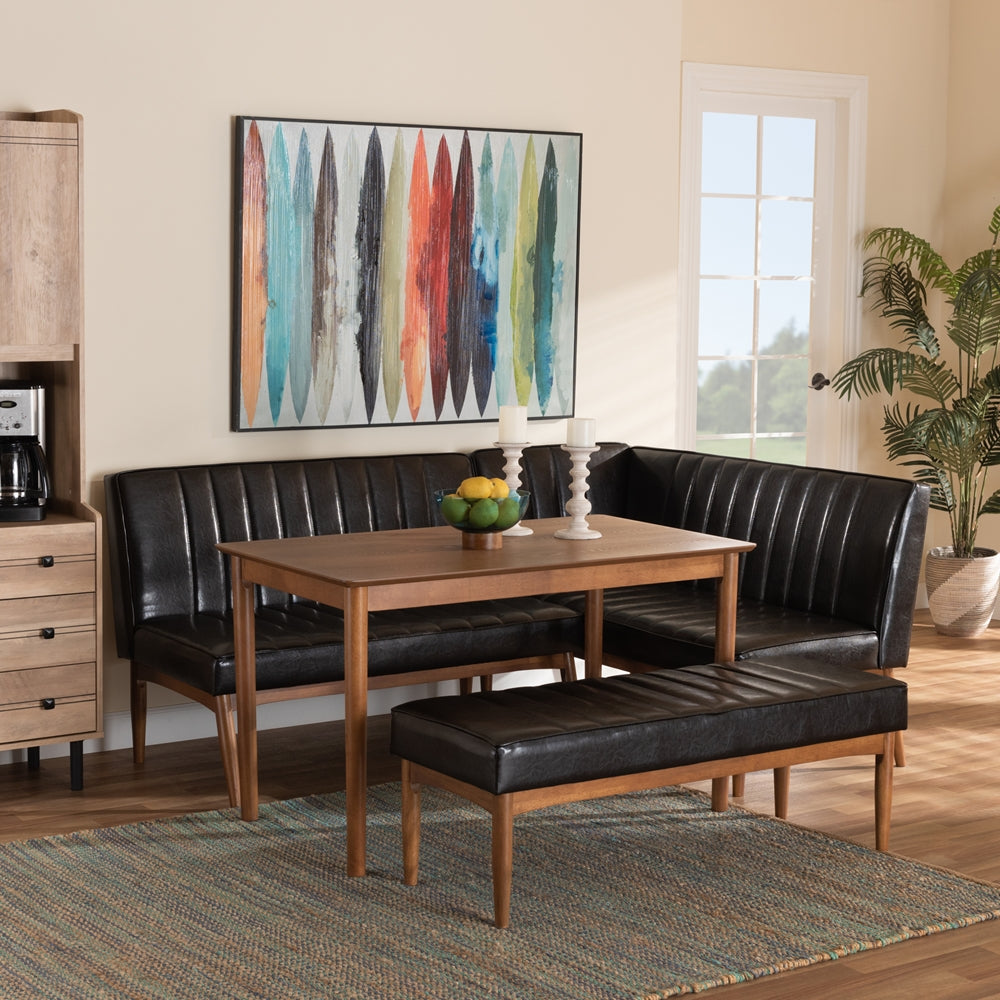 Daymond Mid-Century Modern Dark Brown Faux Leather Upholstered and Walnut Brown Finished Wood 4-Piece Dining Nook Set