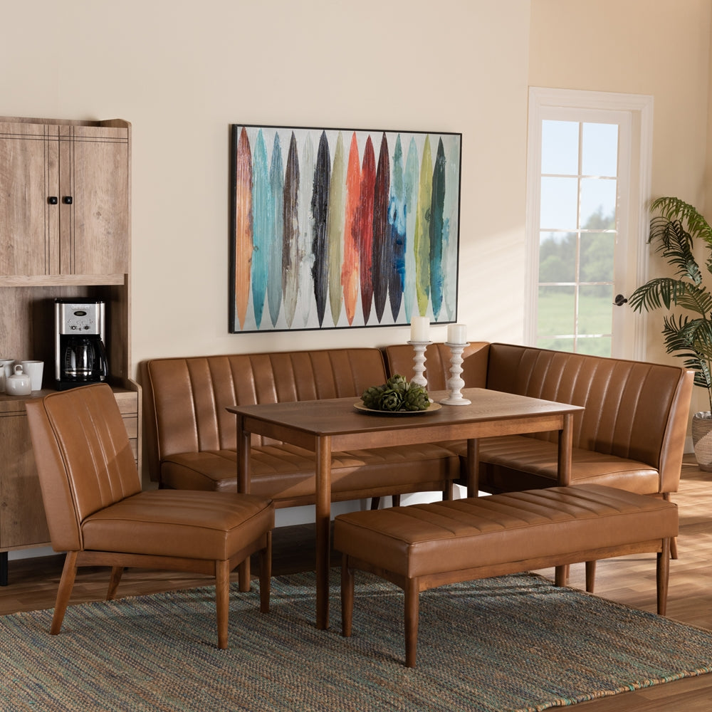 Daymond Mid-Century Modern Tan Faux Leather Upholstered and Walnut Brown Finished Wood 5-Piece Dining Nook Set