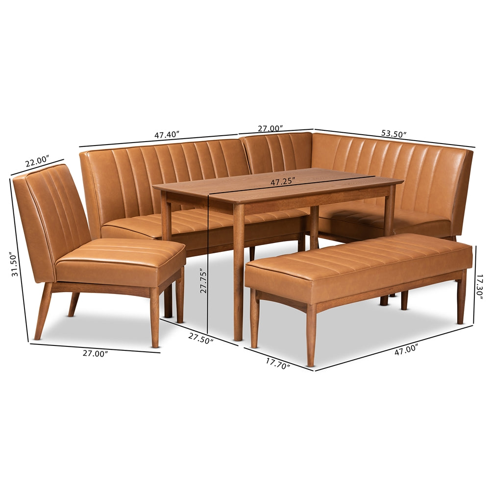 Daymond Mid-Century Modern Tan Faux Leather Upholstered and Walnut Brown Finished Wood 5-Piece Dining Nook Set