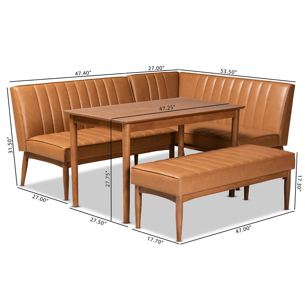 Daymond Mid-Century Modern Tan Faux Leather Upholstered and Walnut Brown Finished Wood 4-Piece Dining Nook Set