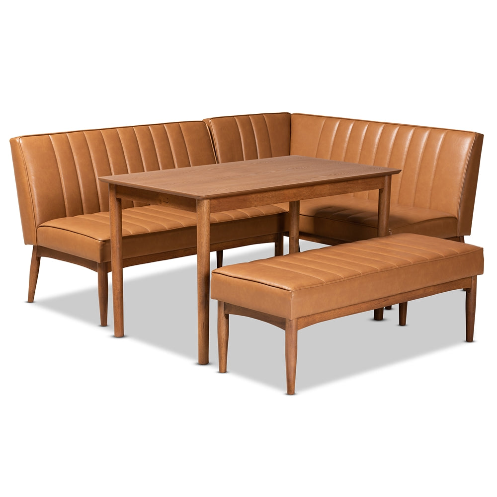 Daymond Mid-Century Modern Tan Faux Leather Upholstered and Walnut Brown Finished Wood 4-Piece Dining Nook Set