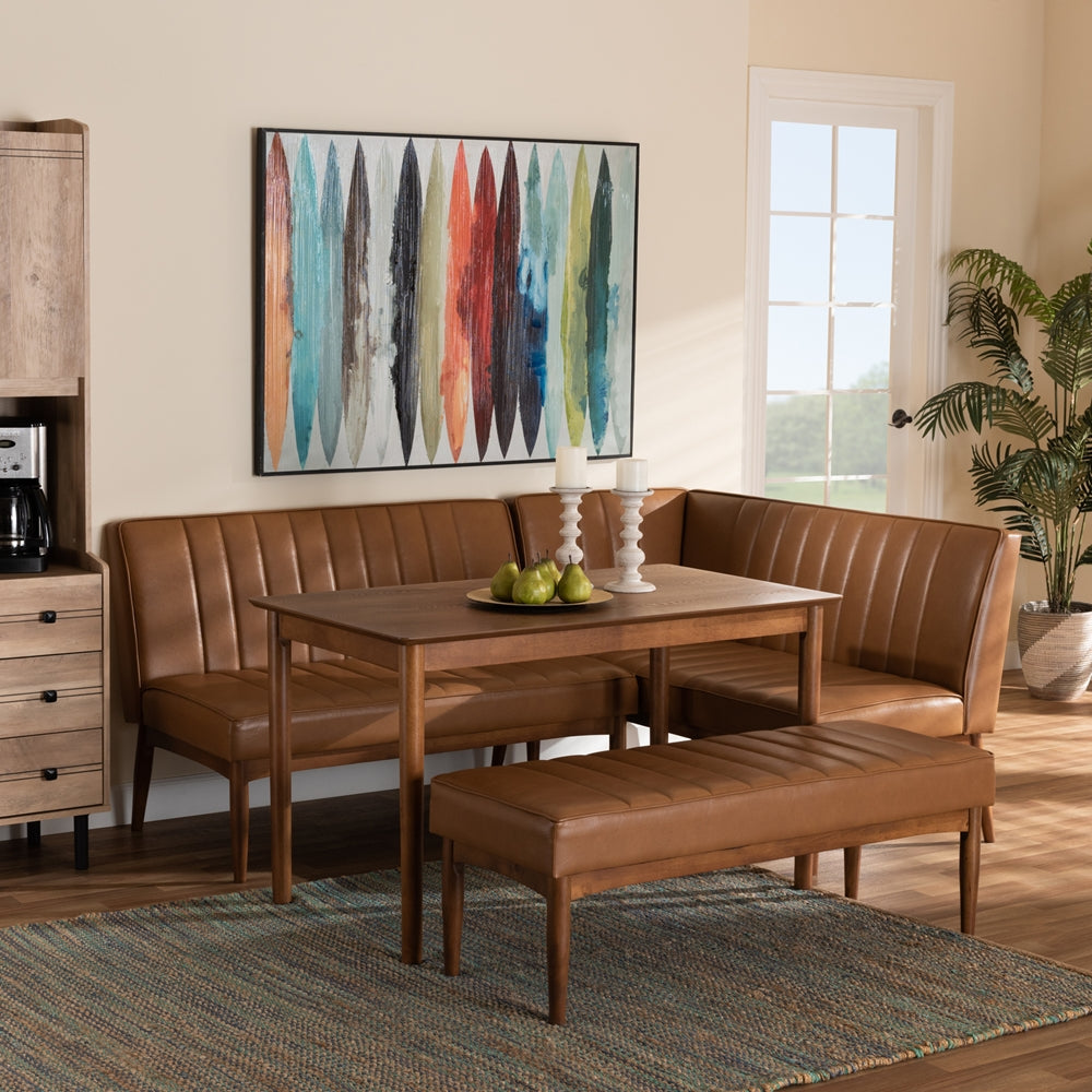 Daymond Mid-Century Modern Tan Faux Leather Upholstered and Walnut Brown Finished Wood 4-Piece Dining Nook Set