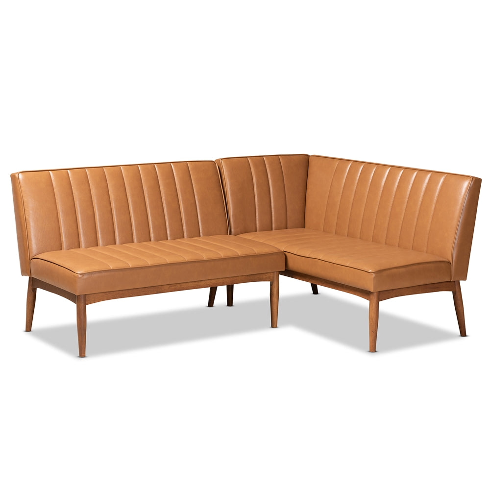 Daymond Mid-Century Modern Tan Faux Leather Upholstered and Walnut Brown Finished Wood 2-Piece Dining Nook Banquette Set