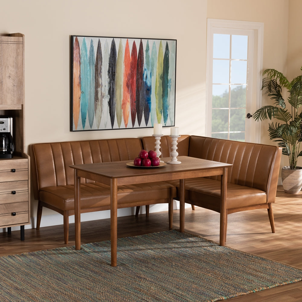 Daymond Mid-Century Modern Tan Faux Leather Upholstered and Walnut Brown Finished Wood 3-Piece Dining Nook Set