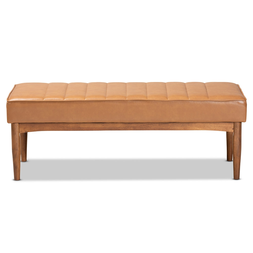 Daymond Mid-Century Modern Tan Faux Leather Upholstered and Walnut Brown Finished Wood Dining Bench