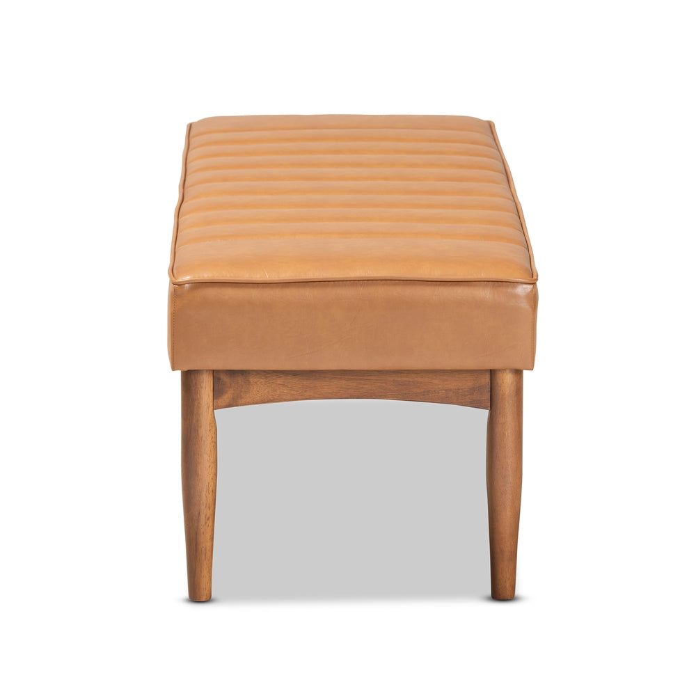 Daymond Mid-Century Modern Tan Faux Leather Upholstered and Walnut Brown Finished Wood Dining Bench