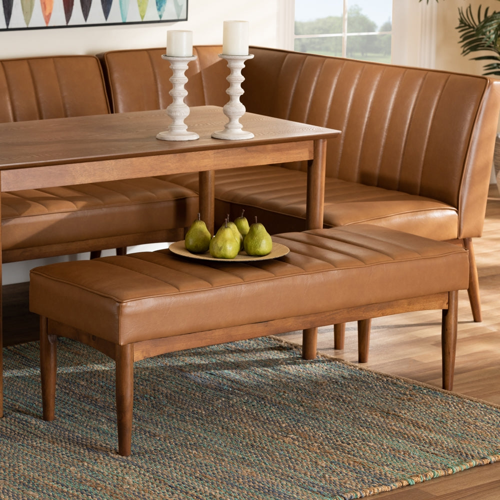 Daymond Mid-Century Modern Tan Faux Leather Upholstered and Walnut Brown Finished Wood Dining Bench