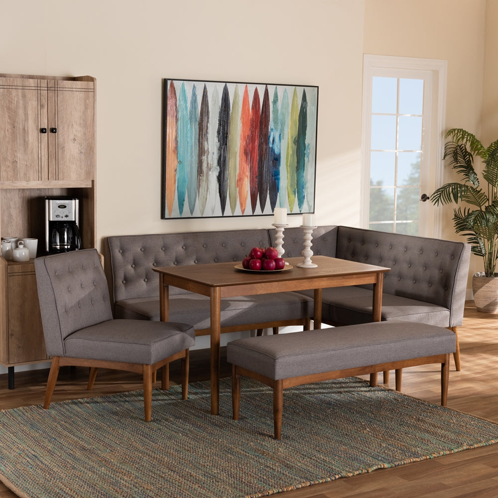 Riordan Mid-Century Modern Grey Fabric Upholstered and Walnut Brown Finished Wood 5-Piece Dining Nook Set