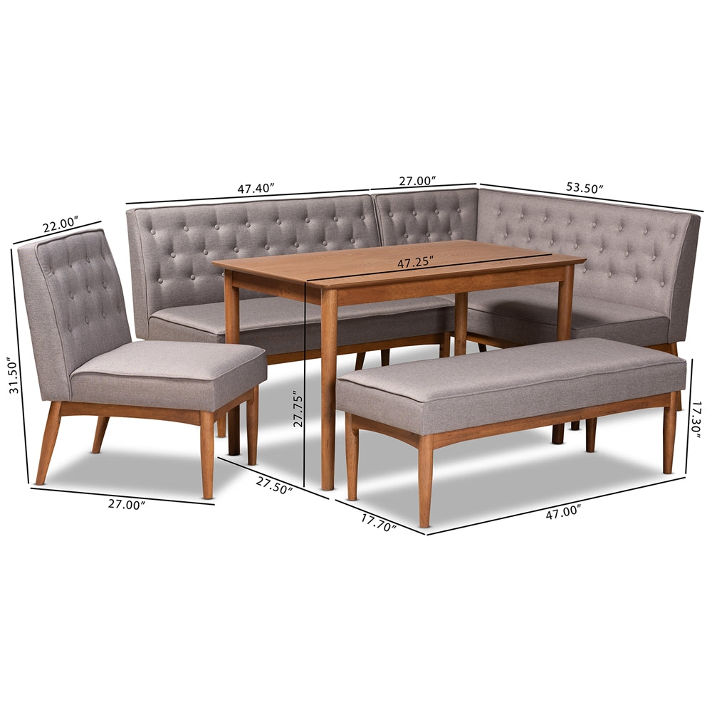 Riordan Mid-Century Modern Grey Fabric Upholstered and Walnut Brown Finished Wood 5-Piece Dining Nook Set