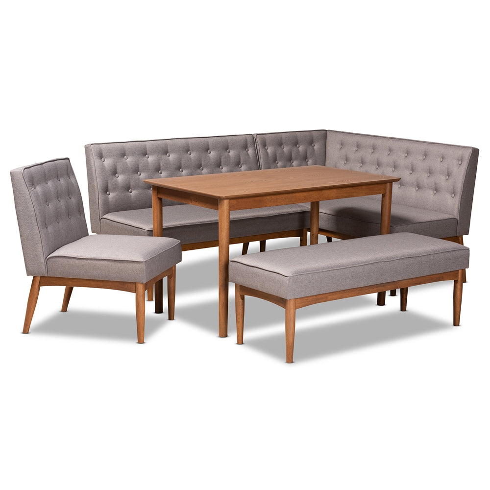 Riordan Mid-Century Modern Grey Fabric Upholstered and Walnut Brown Finished Wood 5-Piece Dining Nook Set