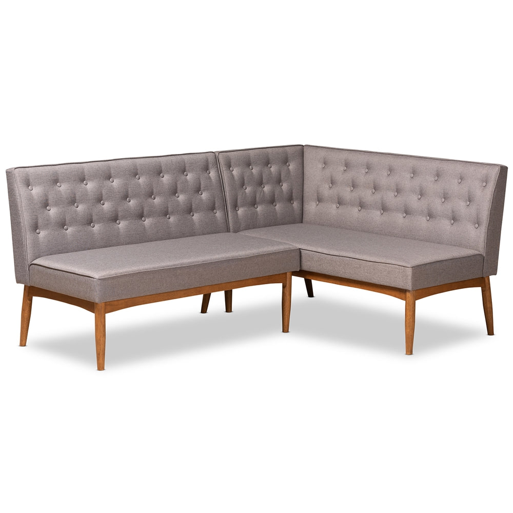 Riordan Mid-Century Modern Grey Fabric Upholstered and Walnut Brown Finished Wood 2-Piece Dining Nook Banquette Set