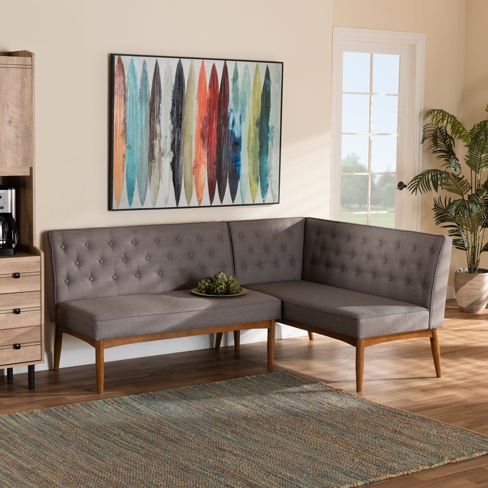 Riordan Mid-Century Modern Grey Fabric Upholstered and Walnut Brown Finished Wood 2-Piece Dining Nook Banquette Set