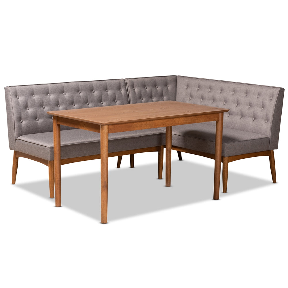 Riordan Mid-Century Modern Grey Fabric Upholstered and Walnut Brown Finished Wood 3-Piece Dining Nook Set