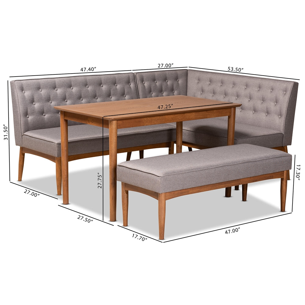Riordan Mid-Century Modern Grey Fabric Upholstered and Walnut Brown Finished Wood 4-Piece Dining Nook Set