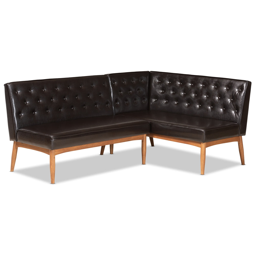 Riordan Mid-Century Modern Dark Brown Faux Leather Upholstered and Walnut Brown Finished Wood 2-Piece Dining Nook Banquette Set