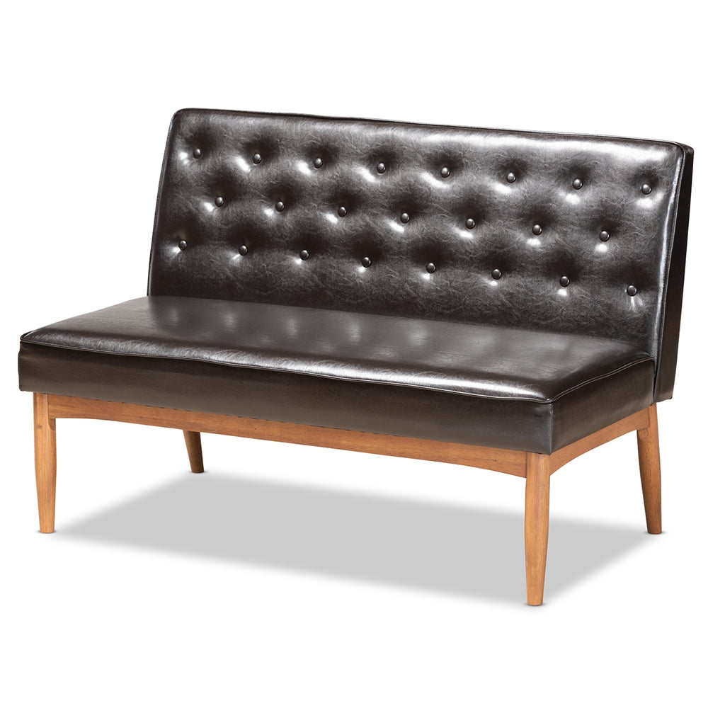 Riordan Mid-Century Modern Dark Brown Faux Leather Upholstered and Walnut Brown Finished Wood 2-Piece Dining Nook Banquette Set