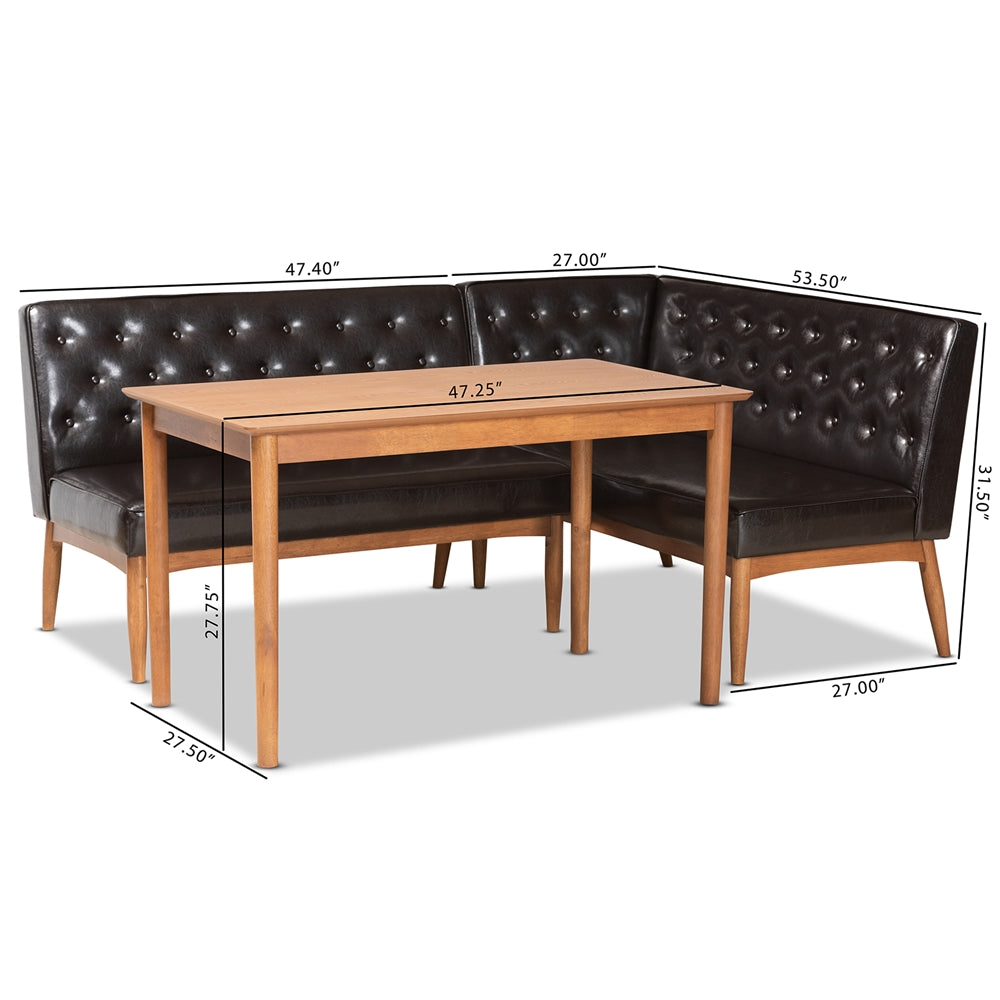 Riordan Mid-Century Modern Dark Brown Faux Leather Upholstered and Walnut Brown Finished Wood 3-Piece Dining Nook Set