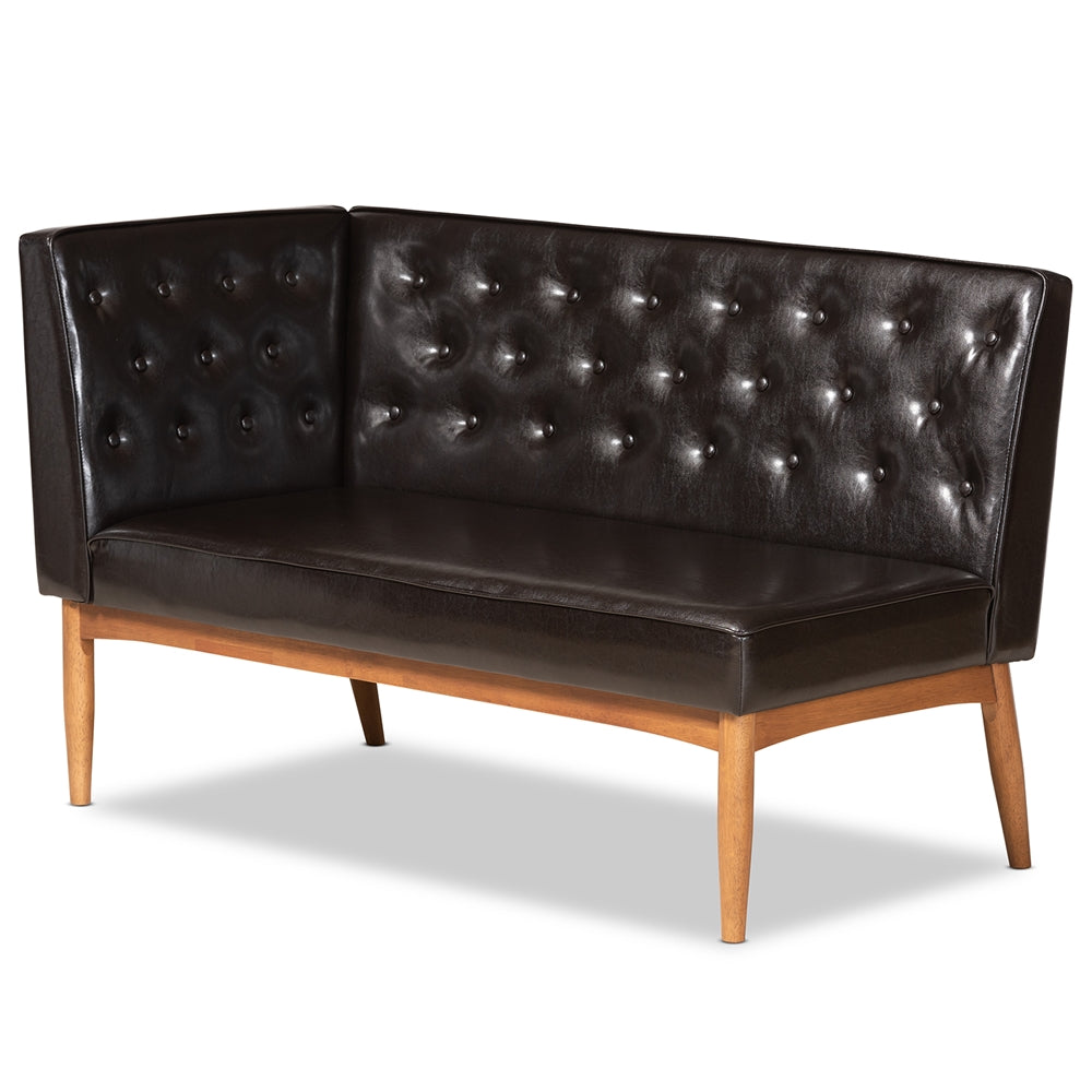 Riordan Mid-Century Modern Dark Brown Faux Leather Upholstered and Walnut Brown Finished Wood 3-Piece Dining Nook Set