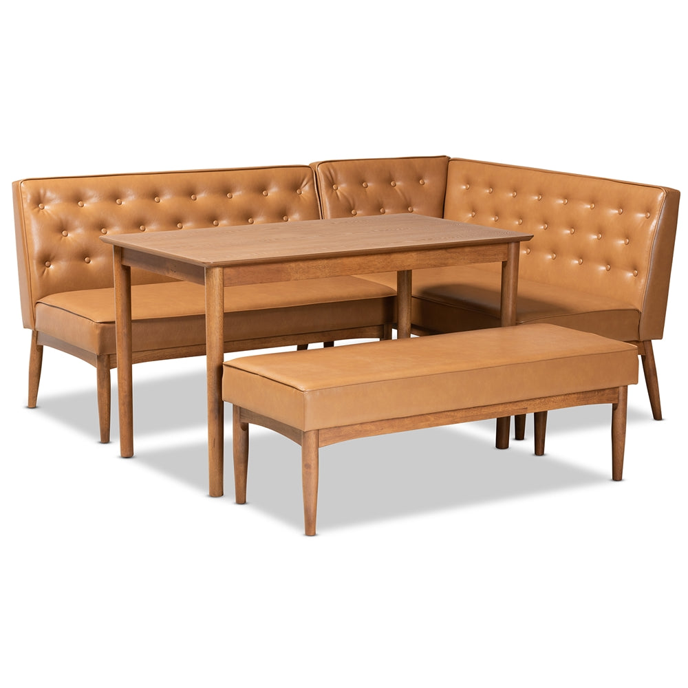 Riordan Mid-Century Modern Tan Faux Leather Upholstered and Walnut Brown Finished Wood 4-Piece Dining Nook Set