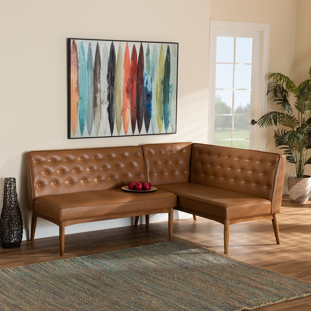 Riordan Mid-Century Modern Tan Faux Leather Upholstered and Walnut Brown Finished Wood 2-Piece Dining Nook Banquette Set