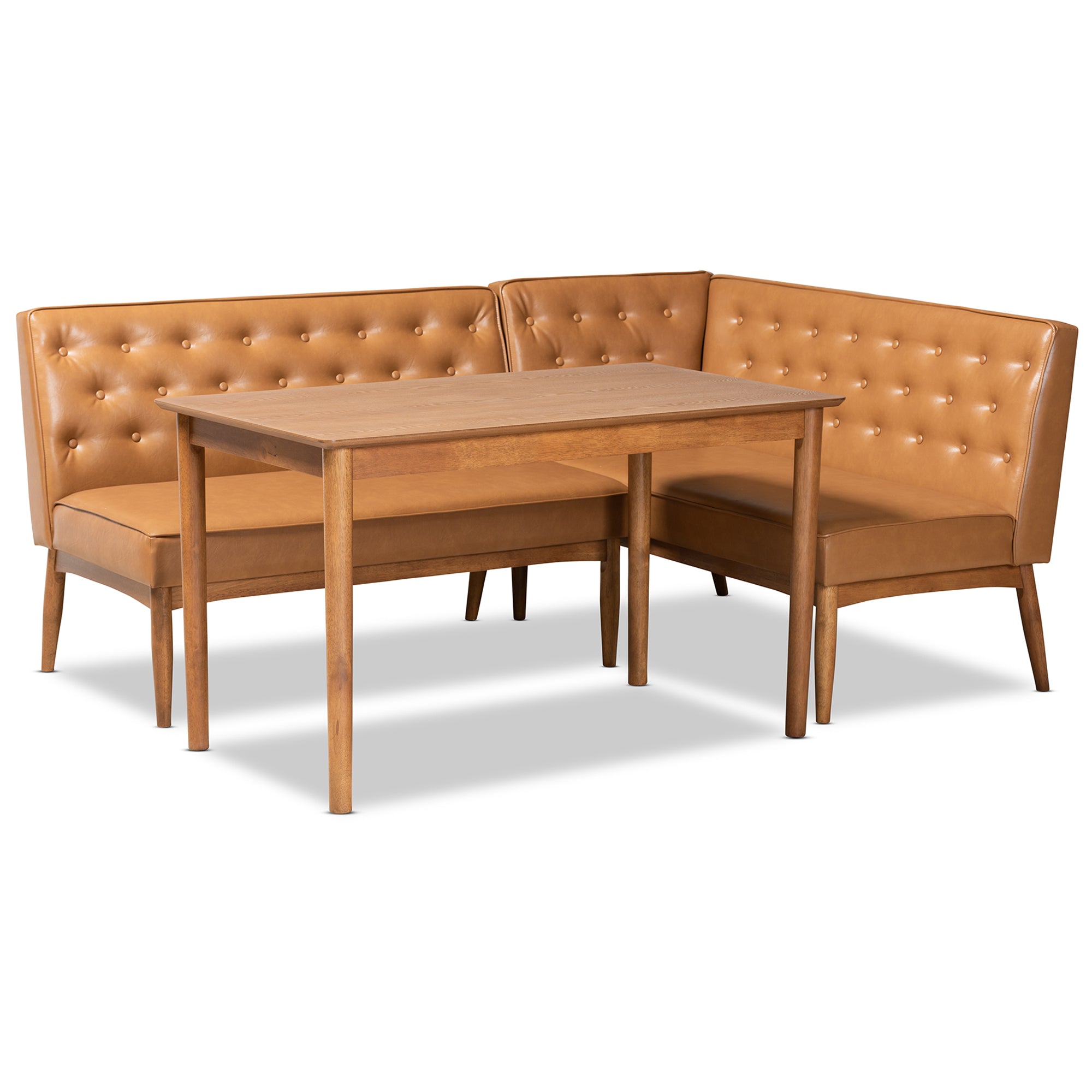 Baxton Studio Riordan Mid-Century Modern Tan Faux Leather Upholstered and Walnut Brown Finished Wood 3-Piece Dining Nook Set