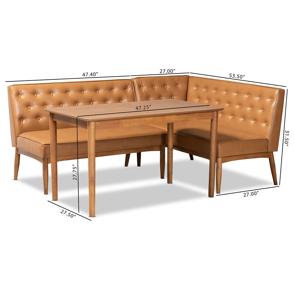 Riordan Mid-Century Modern Tan Faux Leather Upholstered and Walnut Brown Finished Wood 3-Piece Dining Nook Set