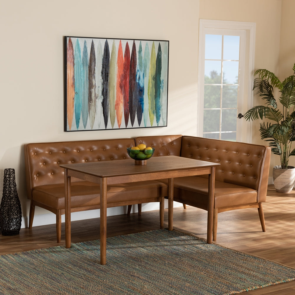 Riordan Mid-Century Modern Tan Faux Leather Upholstered and Walnut Brown Finished Wood 3-Piece Dining Nook Set
