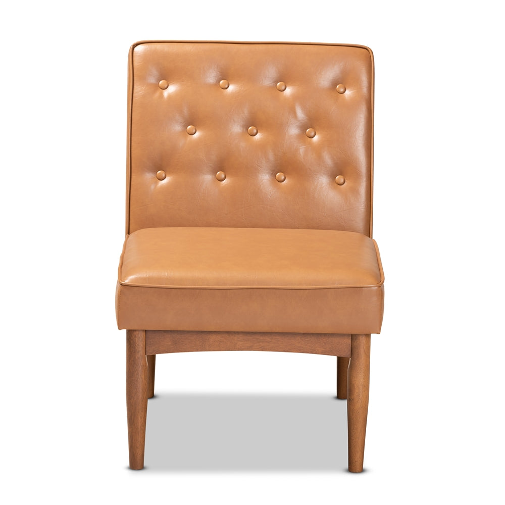 Riordan Mid-Century Modern Tan Faux Leather Upholstered and Walnut Brown Finished Wood Dining Chair