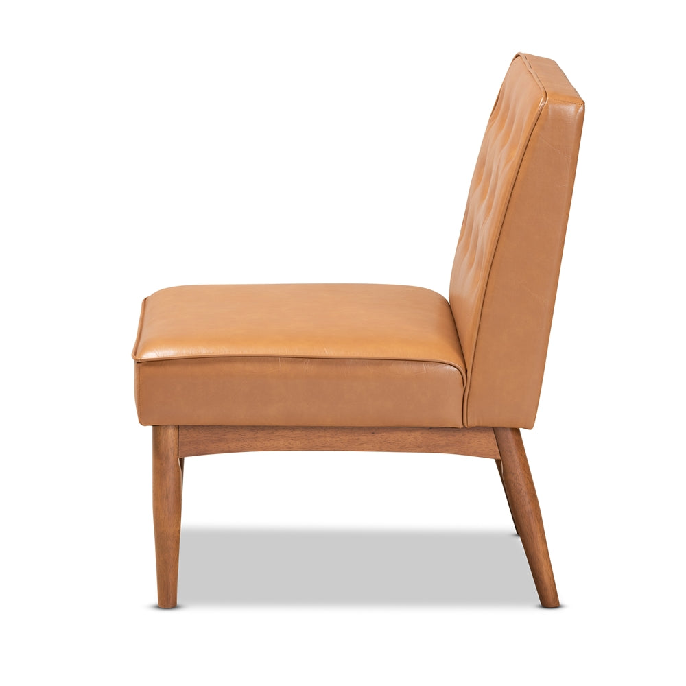 Riordan Mid-Century Modern Tan Faux Leather Upholstered and Walnut Brown Finished Wood Dining Chair